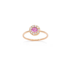 Anello sottile con giro di diamanti e zaffiro rosa